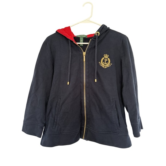 Lauren‎ Ralph Lauren Full Zip Hoodie Anchor Crest Logo Navy Blue L - Picture 1 of 5